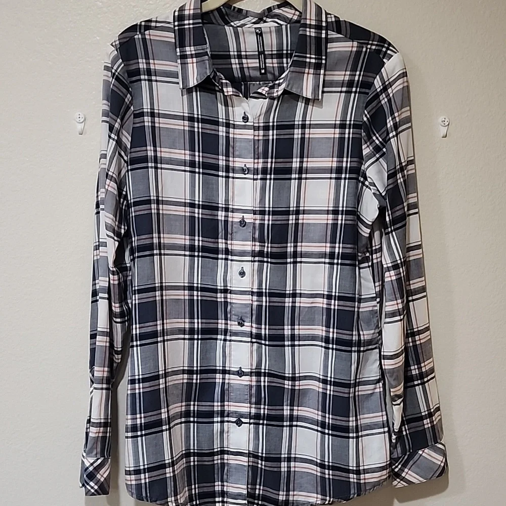 Kuhl Women’s Plaid Lexi Long Sleeve Shirt in Gray/White/Orange Tencel Size Med